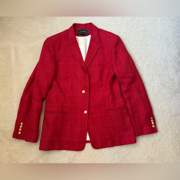 Lauren Ralph Lauren Jackets & Blazers - Lauren Ralph Lauren vintage red plaid preppy linen blazer, gold buttons, sz 10